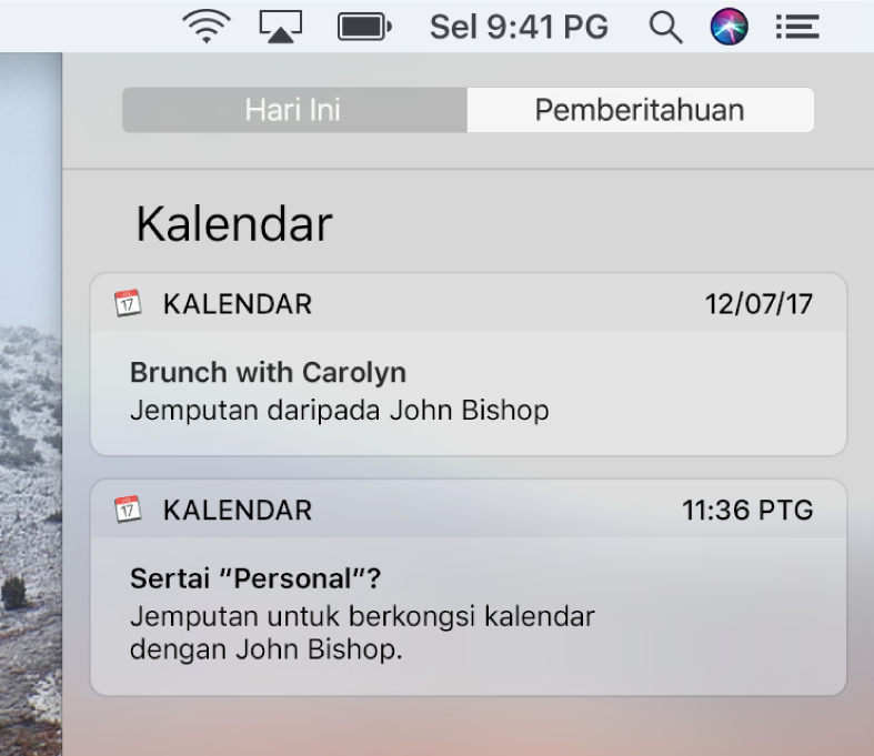 Pemberitahuan kalendar peristiwa dan pemberitahuan kalendar dikongsi dalam Pusat Pemberitahuan 