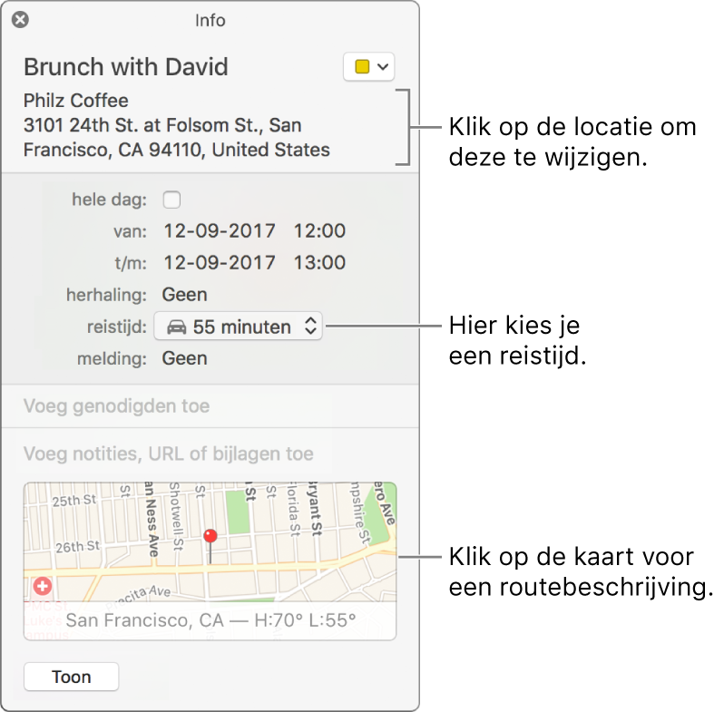 Infovenster voor een activiteit, met de aanwijzer op het venstermenu 'Reistijd'. Kies een reistijd uit het venstermenu. Klik op de locatie om deze te wijzigen. Klik op de kaart voor een routebeschrijving