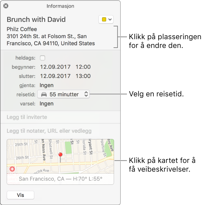 Infovinduet for en hendelse, med markøren over Reisetid-lokalmenyen. Velg en reisetid fra lokalmenyen. Klikk på stedet for å endre det. Klikk på kartet for å få en veibeskrivelse
