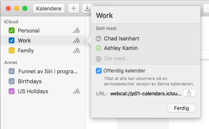 Delingsinnstillinger-vindu med to personer som er invitert til å dele og valget Offentlig kalender markert