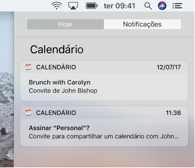 Notificação de evento do Calendário e notificação de calendário compartilhada na Central de Notificações