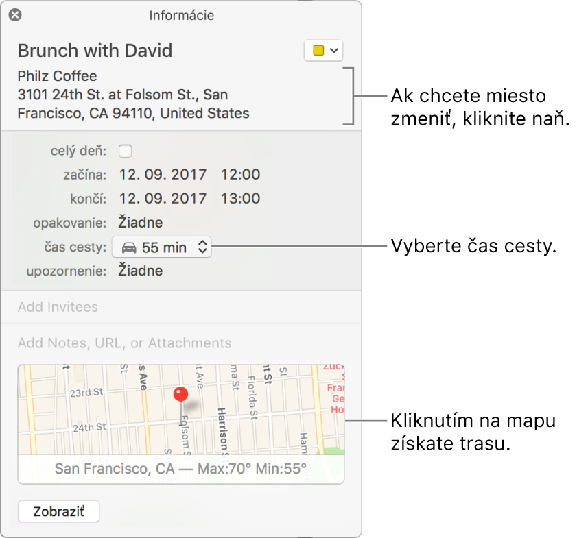 Informačné okno udalosti s kurzorom nad vyskakovacím menu Čas cesty. Čas cesty vyberiete pomocou vyskakovacích menu. Ak chcete miesto zmeniť, kliknite naň. Ak chcete zobraziť navigačné pokyny, kliknite na mapu.