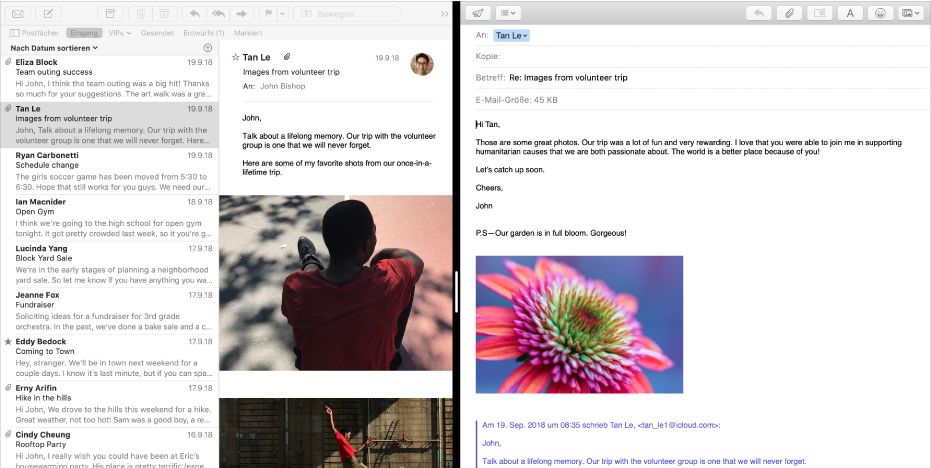 Split View mit der E-Mail-Liste neben dem Fenster zum Erstellen einer neuen Nachricht.