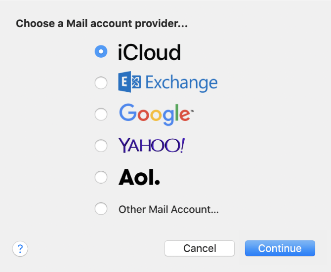 The dialogue to choose an email account type, showing iCloud, Exchange, Google, Yahoo!, AOL and Other Mail Account.