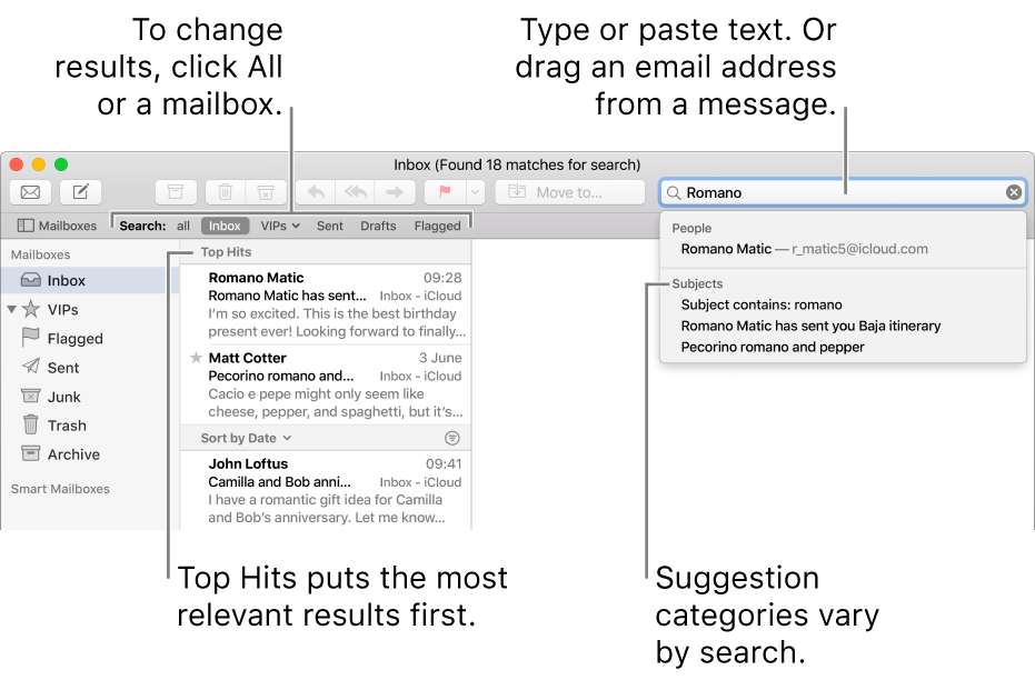 The mailbox being searched is highlighted in the search bar. To search a different mailbox, click its name. You can type or paste text into the search field, or drag an email address from a message. As you type, suggestions appear below the search field. They are organised into categories, such as Subject or Attachments, depending on your search text. Top Hits puts the most relevant results first.