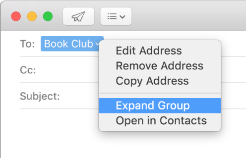 An email showing a group in the To field and the pop-up menu showing the Expand Group command.