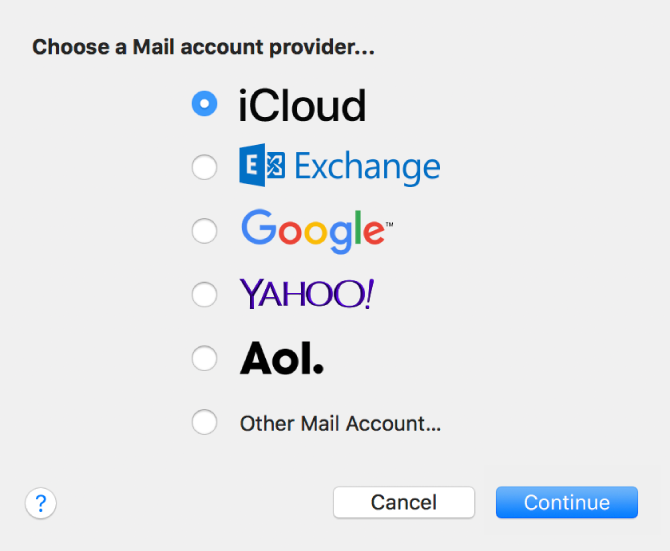 The dialog to choose an email account type, showing iCloud, Exchange, Google, Yahoo!, AOL, and Other Mail Account.