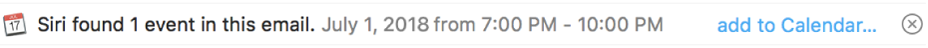 A banner below the message header in the preview area shows information about an event Siri found in the message. A link to add the event to Calendar is located at the right end.