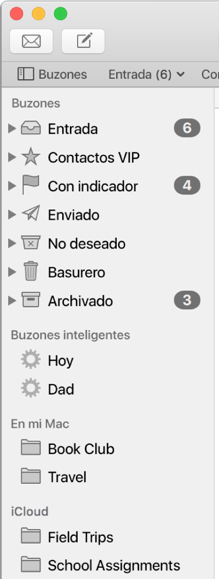 La barra lateral de Mail mostrando los buzones estándar (como Entrada y Borradores) en la parte superior de la barra lateral, y los buzones creados en las secciones “En mi Mac” y iCloud.