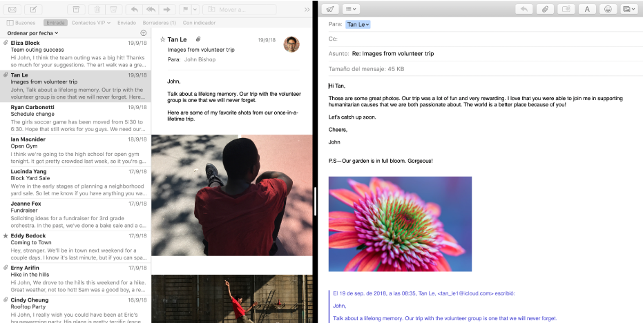 La lista de mensajes en paralelo con una ventana de redacción de Split View.