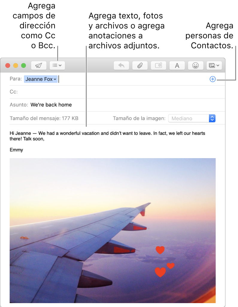 Una ventana de mensaje nuevo indicando el botón “Campos de encabezado”, mostrando el botón Agregar en el campo de direcciones para agregar personas de Contactos y mostrando una imagen marcada en el cuerpo del mensaje.