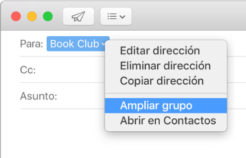 Un correo electrónico que muestra un grupo en el campo Para y el menú desplegable que muestra el comando “Ampliar grupo”.