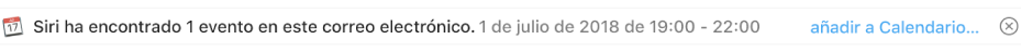 Una franja bajo la cabecera del mensaje en el área de previsualización muestra información sobre un evento que Siri ha encontrado en el mensaje. En el extremo derecho hay un vínculo para añadir el evento a Calendario.