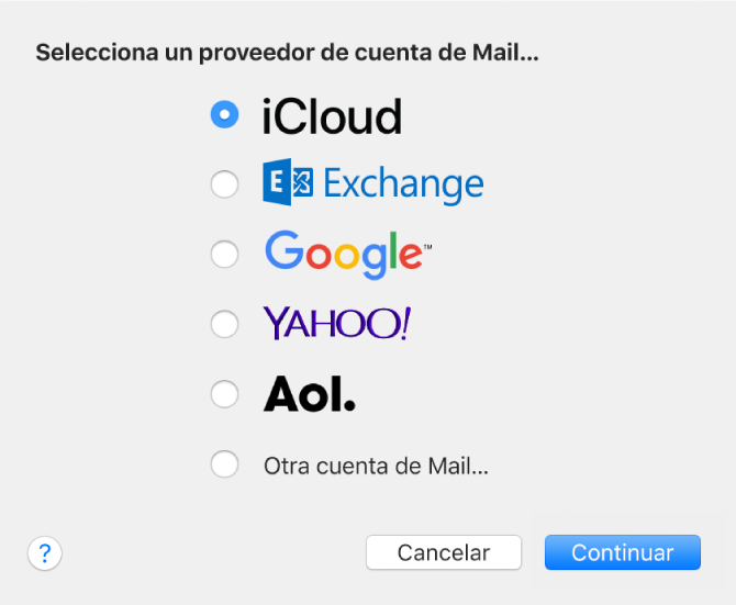 El cuadro de diálogo de selección de un tipo de cuenta de correo electrónico, en el que se muestra iCloud, Exchange, Google, Yahoo!, AOL y “Otra cuenta de Mail”.