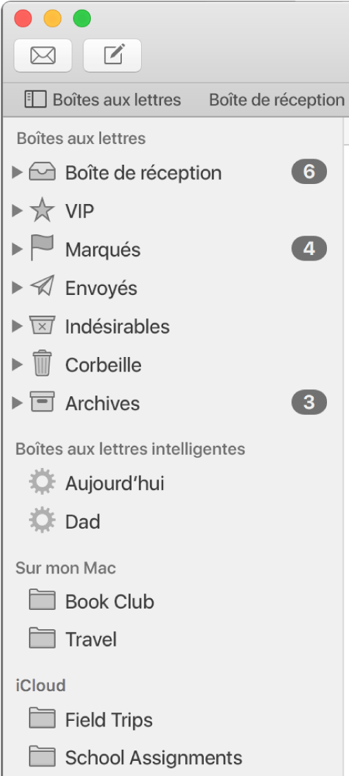 La barre latérale de Mail affiche les boîtes aux lettres standard (telles que Boîte de réception et Brouillons) en haut de la barre latérale et celles créées par vos soins apparaissent dans les sections Sur mon Mac et iCloud.