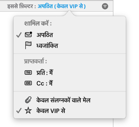 फ़िल्टर पॉप-अप मेनू छह संभव फ़िल्टर्स दिखा रहे हैं: अपठित, फ़्लैग्ड, टु : मुझे, CC : मुझे, केवल अटैचमेंट वाला मेल तथा केवल VIP से.