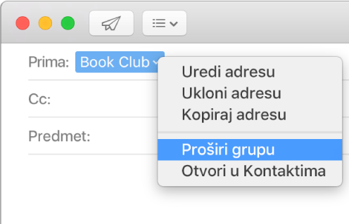 E-mail poruka prikazuje grupu u polju Za i skočni izbornik s prikazom naredbe proširi grupu.