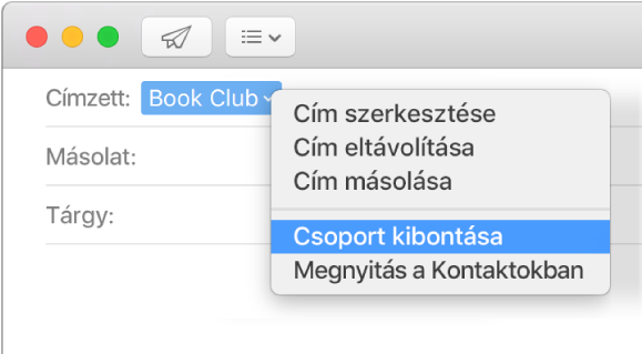 E-mail; a Címzett mezőben csoport látható, és az előugró menüben pedig a Csoport kibontása parancs.