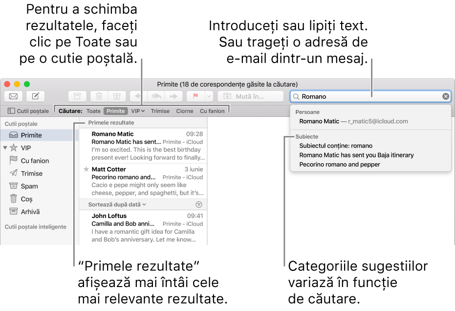 Cutia poștală în care se efectuează căutarea este evidențiată în bara de căutare. Pentru a căuta în altă cutie poștală, faceți clic pe numele acesteia. Puteți să scrieți sau să lipiți text în câmpul de căutare sau puteți să trageți o adresă de e-mail dintr-un mesaj. Pe măsură ce introduceți textul, apar sugestii sub câmpul de căutare. Acestea sunt organizate în categorii, de exemplu Subiect sau Fișiere atașate, în funcție de textul căutat. Primele rezultate afișează la început cele mai relevante rezultate.