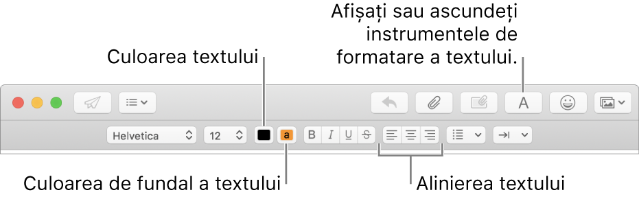 Bara de instrumente și bara de formatare dintr-o fereastră de mesaj nou indicând culoarea textului, culoarea fundalului textului și butoanele de aliniere a textului.