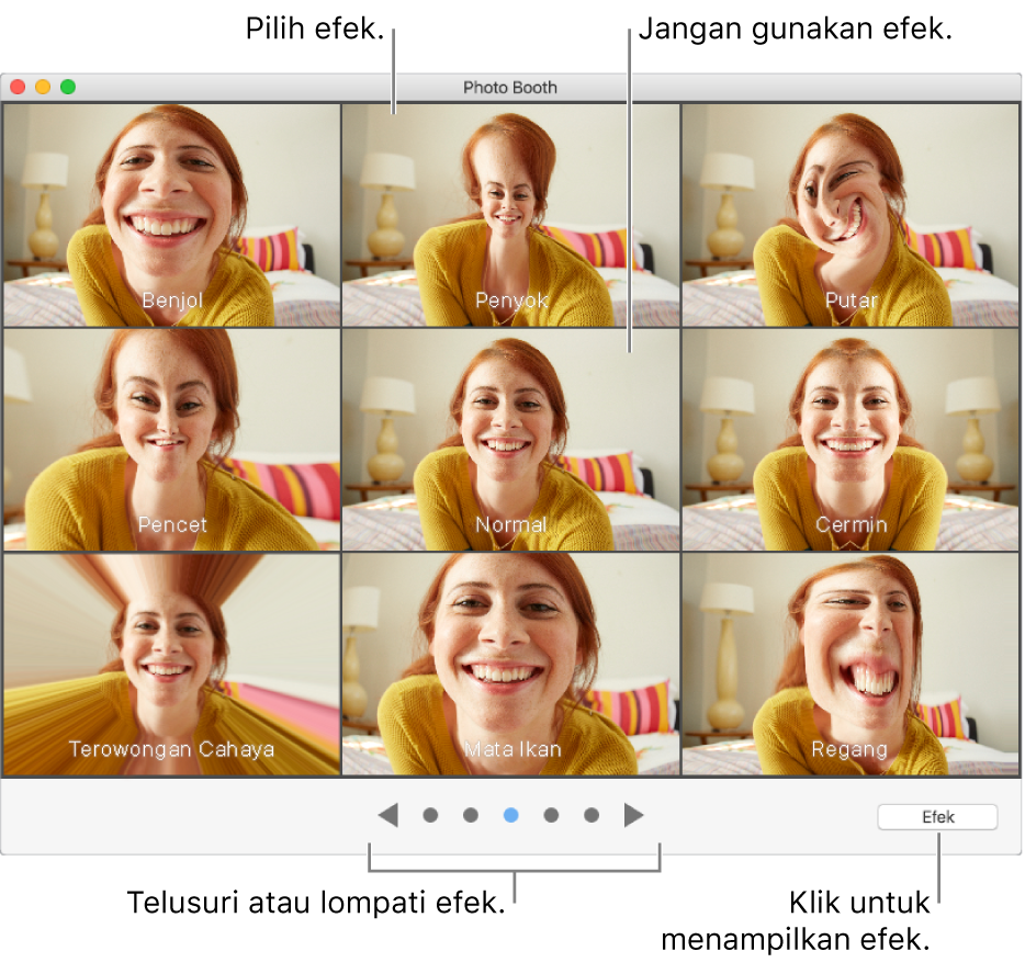 Jendela Photo Booth yang menampilkan efek yang dapat Anda pilih. Klik efek yang ingin Anda gunakan. Jika Anda tidak ingin menggunakan efek, klik Normal di tengah.
