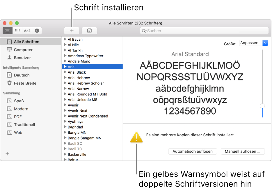 Das Fenster der Schriftsammlung mit der Taste „Hinzufügen“ in der Symbolleiste zum Hinzufügen einer Schrift, unten rechts ist ein gelbes Warnsymbol zu sehen, dass auf doppelte Schriftversionen hinweist