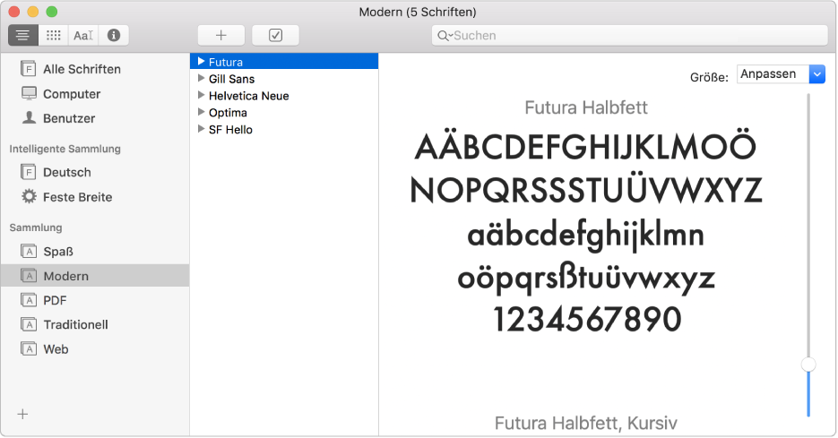 Das Fenster „Schriftsammlung“ mit der Schriftsammlung „Modern“