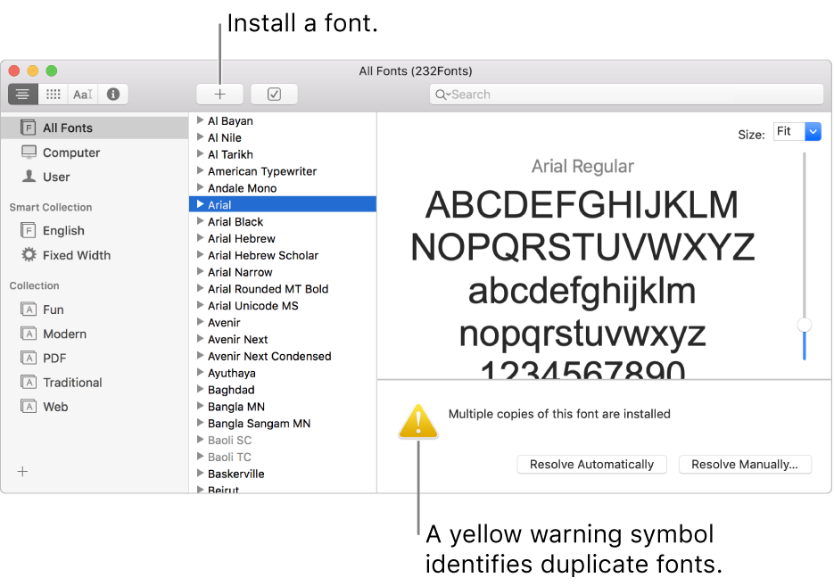 The Font Book window showing the Add button in the toolbar for adding a font and, in the lower-right corner, a yellow warning symbol identifying duplicate fonts.