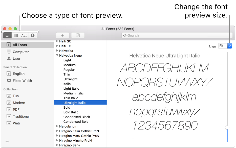 The Font Book window showing buttons in the top left for choosing the type of font preview, and a vertical slider on the far right for changing the preview size.