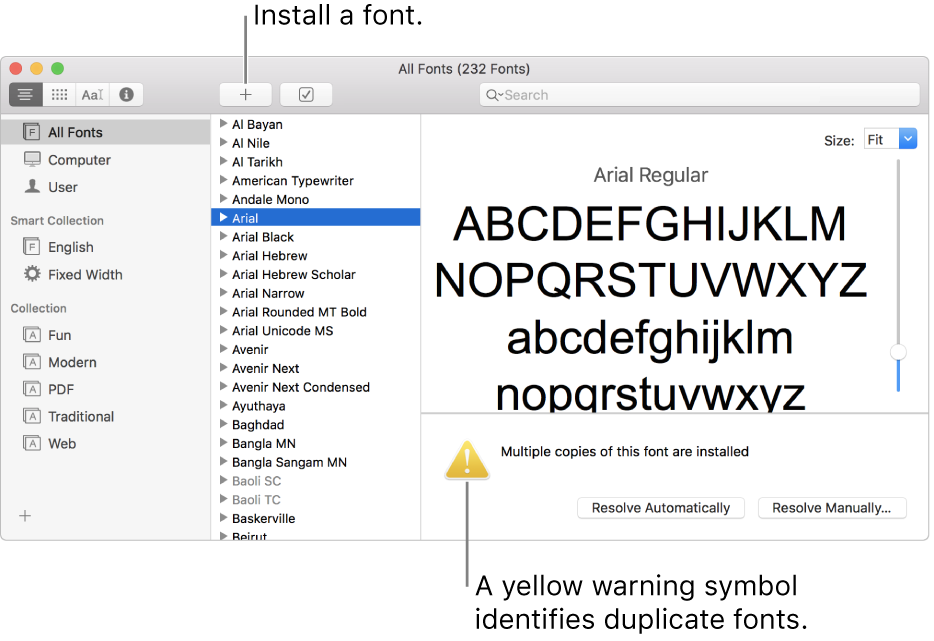 The Font Book window showing the Add button in the toolbar for adding a font and, in the lower-right corner, a yellow warning symbol identifying duplicate fonts.