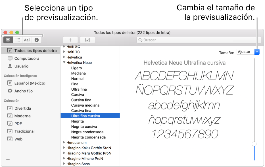 La ventana de Catálogo Tipográfico mostrando botones en la parte superior izquierda para elegir el tipo de vista previa de los tipos de letra, y un regulador vertical en la parte derecha para cambiar el tamaño de la vista previa.