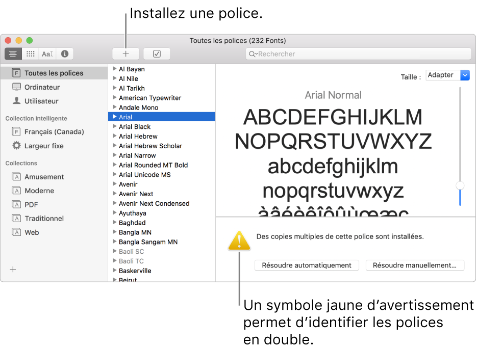 La fenêtre Livre des polices affichant le bouton Ajouter dans la barre d’outils pour l’ajout de polices et, dans le coin inférieur droit, un point d’exclamation jaune permettant d’identifier les doublons de police.