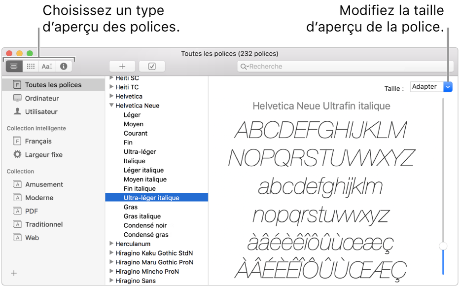 La fenêtre Livre des polices affichant des boutons dans le coin supérieur gauche pour choisir le type d’aperçu des polices et un curseur vertical à l’extrême droite pour changer la taille de l’aperçu.
