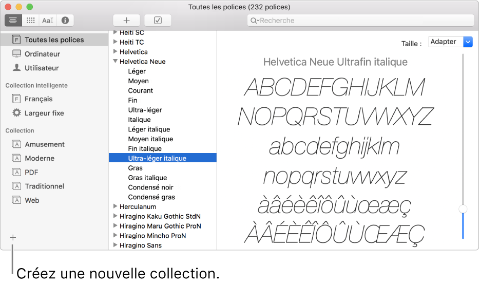 La fenêtre Livre des polices affichant le bouton Ajouter dans le coin inférieur gauche permettant de créer une nouvelle collection, une collection intelligente ou une bibliothèque.