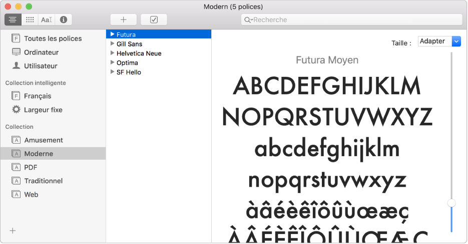 La fenêtre Livre des polices affichant la collection Moderne de polices.