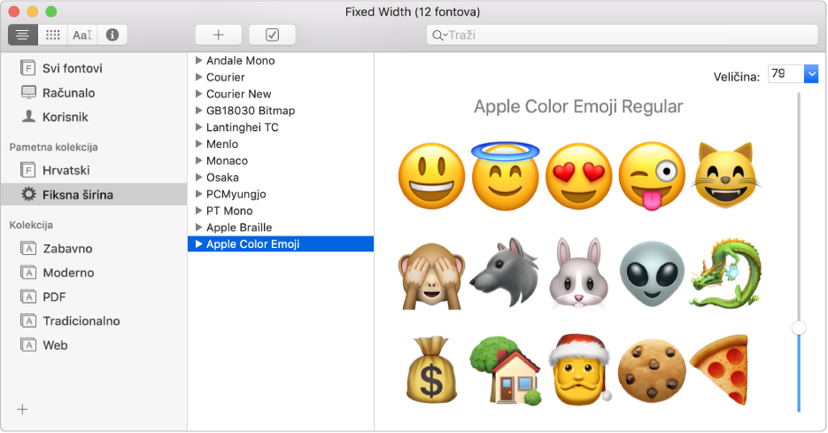 Prozor Knjige fontova koji prikazuje font Apple Color Emoji.