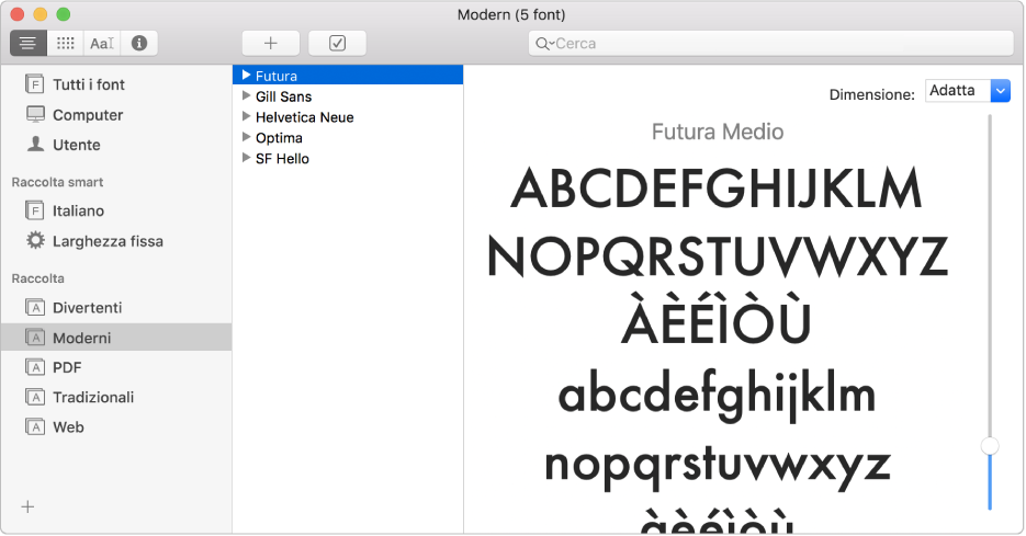 La finestra di Libro Font che mostra la raccolta Moderno.