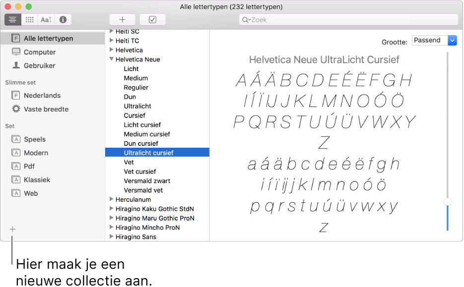 Het venster van Lettertypecatalogus met linksonderaan de knop met het plusteken voor het aanmaken van een nieuwe set, slimme set of bibliotheek.