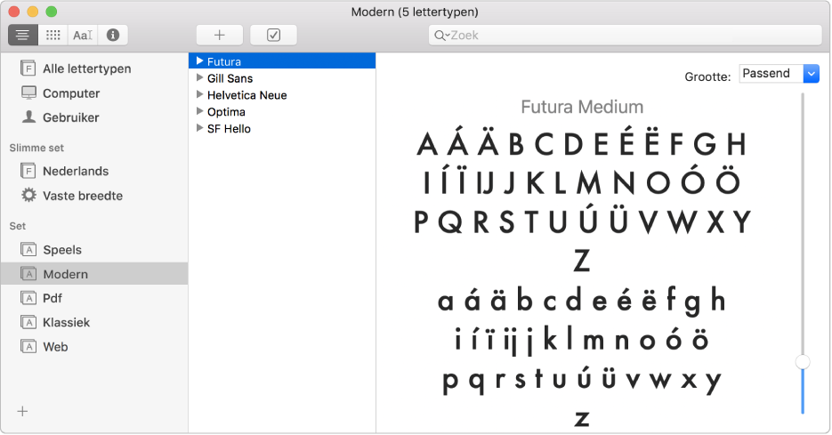 Het venster van Lettertypecatalogus met de lettertypeset Modern.