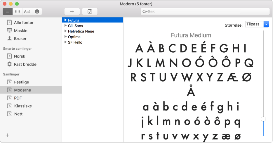 Fontbok-vinduet, som viser Moderne-fontsamlingen.