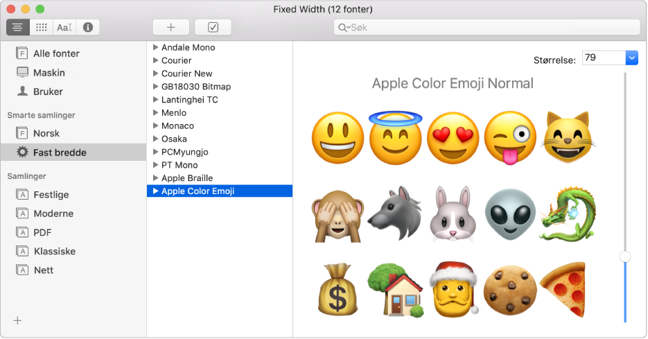 Fontbok-vinduet, som viser Apple Color Emoji-fonten.