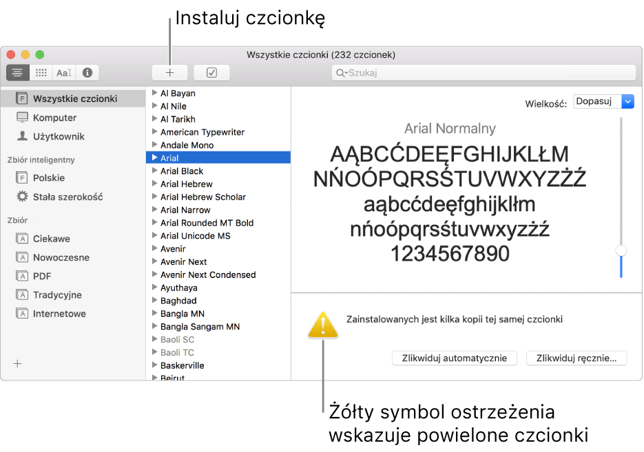 Okno Albumu z czcionkami, zawierające przycisk Dodaj na pasku narzędzi, pozwalający na dodawanie czcionek. W prawym dolnym rogu widoczny jest żółty symbol ostrzeżenia, informujący o powielonych czcionkach.
