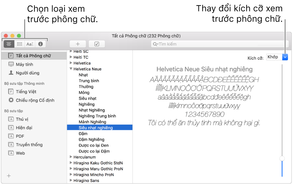 Cửa sổ Sổ quản lý phông chữ đang hiển thị các nút dùng để chọn loại xem trước phông chữ ở phía trên cùng bên trái và thanh trượt dọc dùng để thay đổi kích cỡ xem trước ở phía xa bên phải.