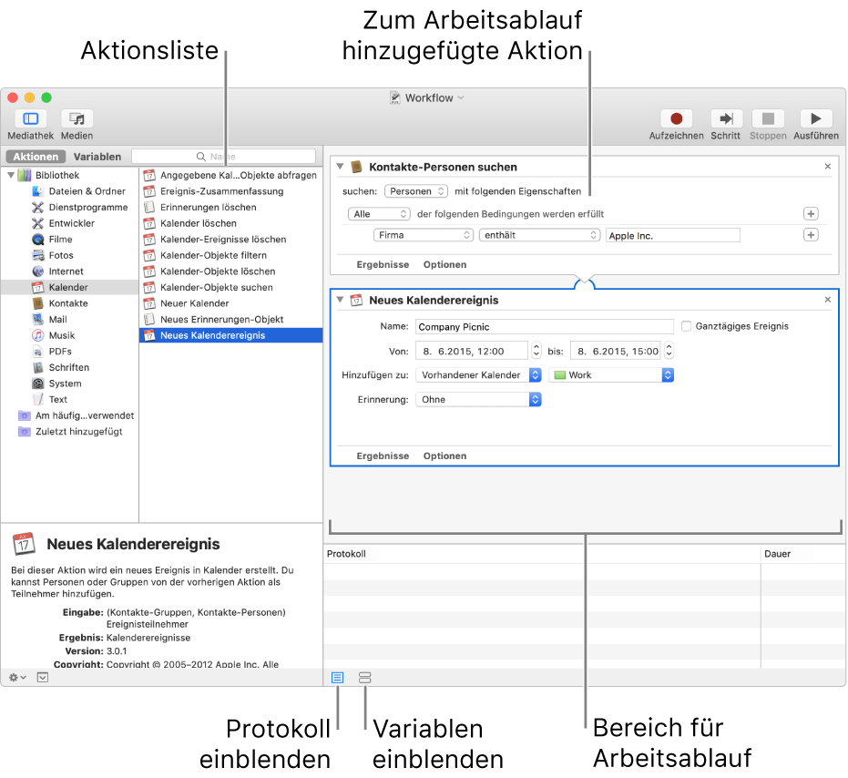 Das Automator-Fenster Die Bibliothek erscheint ganz rechts und enthält eine Liste der Apps, für die Automator Aktionen bereitstellt. Die App „Kalender“ ist in der Liste ausgewählt und für Kalender verfügbare Aktionen sind in der rechten Spalte aufgelistet. Auf der rechten Seite des Fensters befindet sich ein Arbeitsablauf, dem eine Kalenderaktion hinzugefügt wurde.