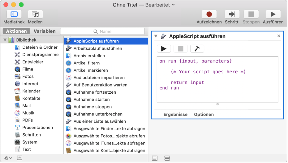 Das Automator-Fenster mit der Aktion AppleScript ausführen“