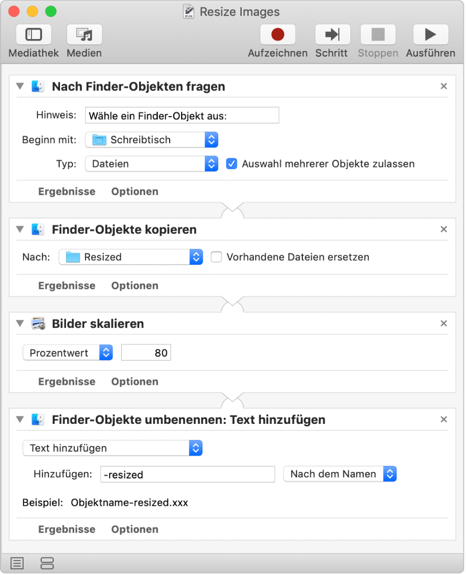 Ein Automator-Arbeitsablauf mit vier Aktionen