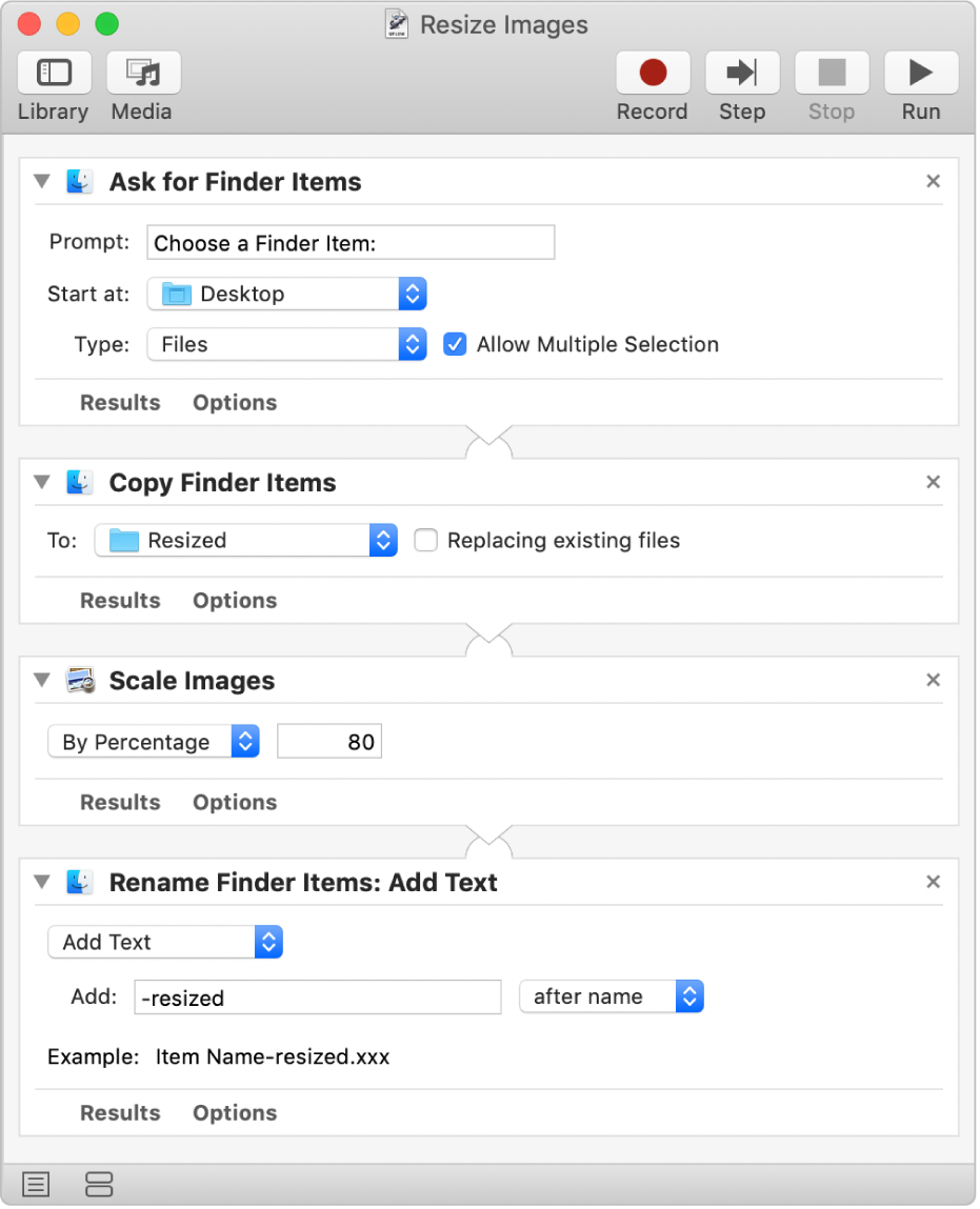 An Automator workflow with four actions.