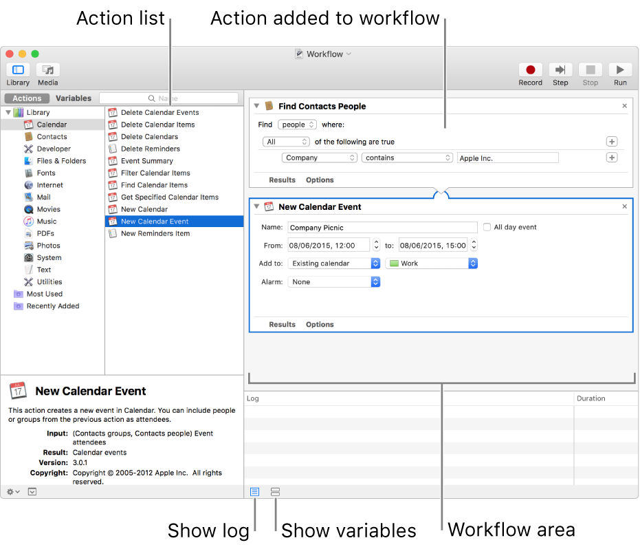 The Automator window. The Library appears at the far left, and contains a list of apps that Automator provides actions for. The Calendar app is selected in the list, and actions available in Calendar are listed in the column to the right. On the right side of the window is a workflow that has a Calendar action added to it.