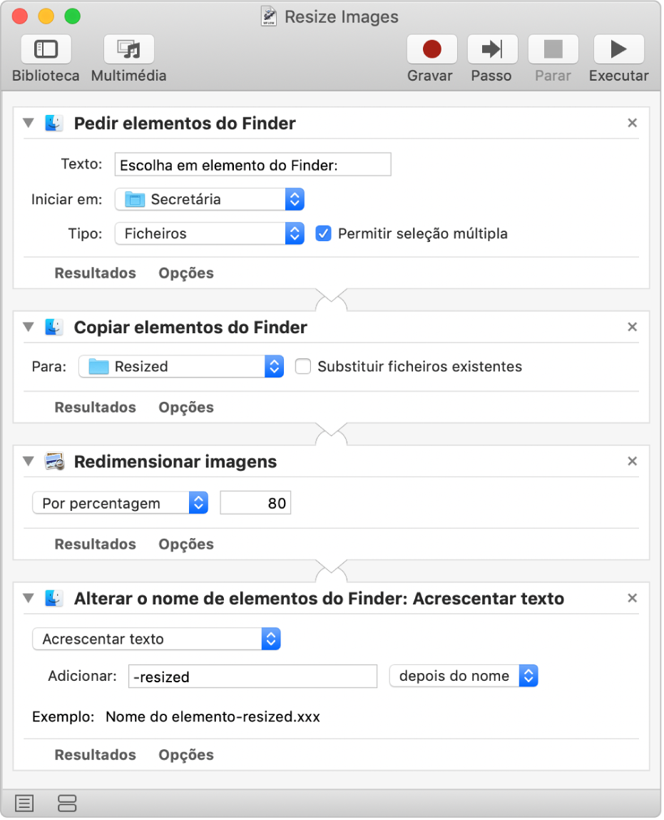 Um processo do Automator com quatro ações