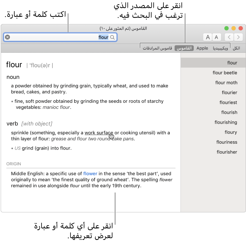 نافذة القاموس الكاملة ويظهر بها تعريف. انقر على أي كلمة أو عبارة في التعريف لعرض تعريفها. لتحديد مصدر للبحث فيه، انقر على اسمه في شريط المصادر أسفل شريط الأدوات. اكتب كلمة أو عبارة في حقل البحث.